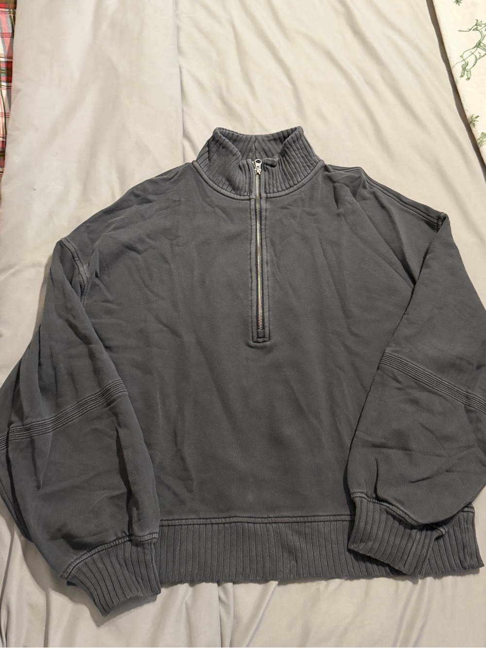 Washed Charcoal Gray Quarter Zip Mock Neck Pullover Sweatshirt
